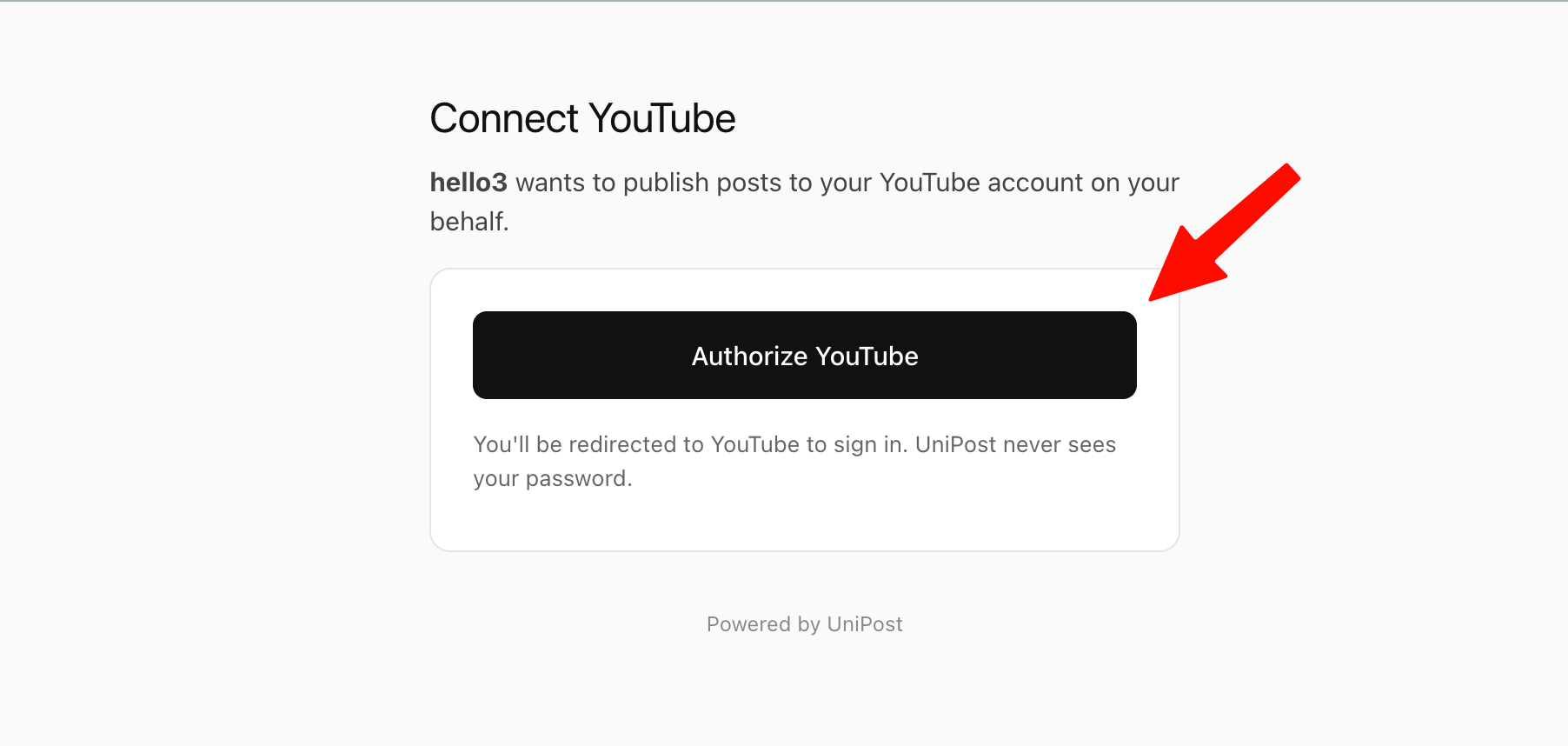 Hosted Connect page with an Authorize YouTube button.