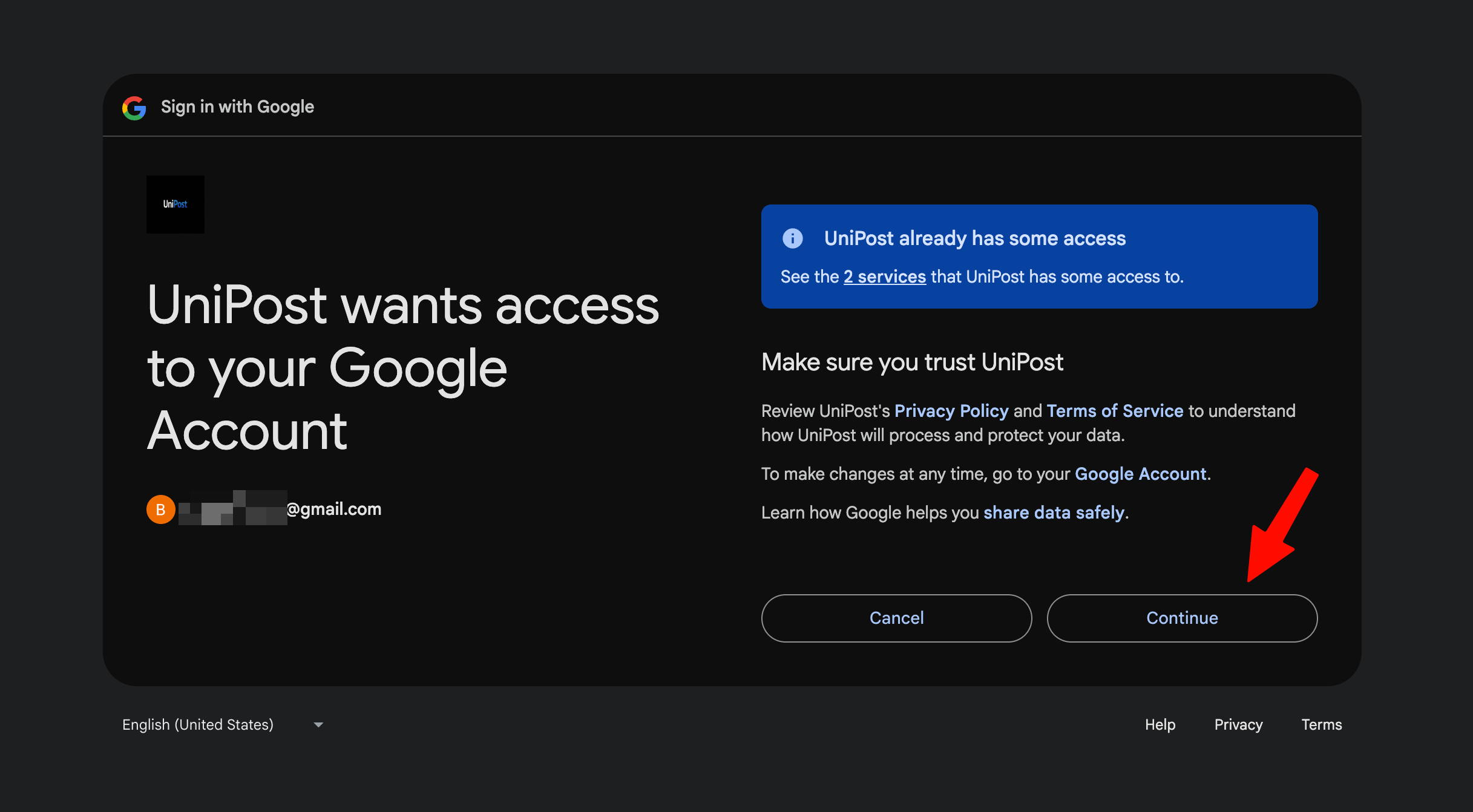 Google OAuth consent screen asking the user to continue.