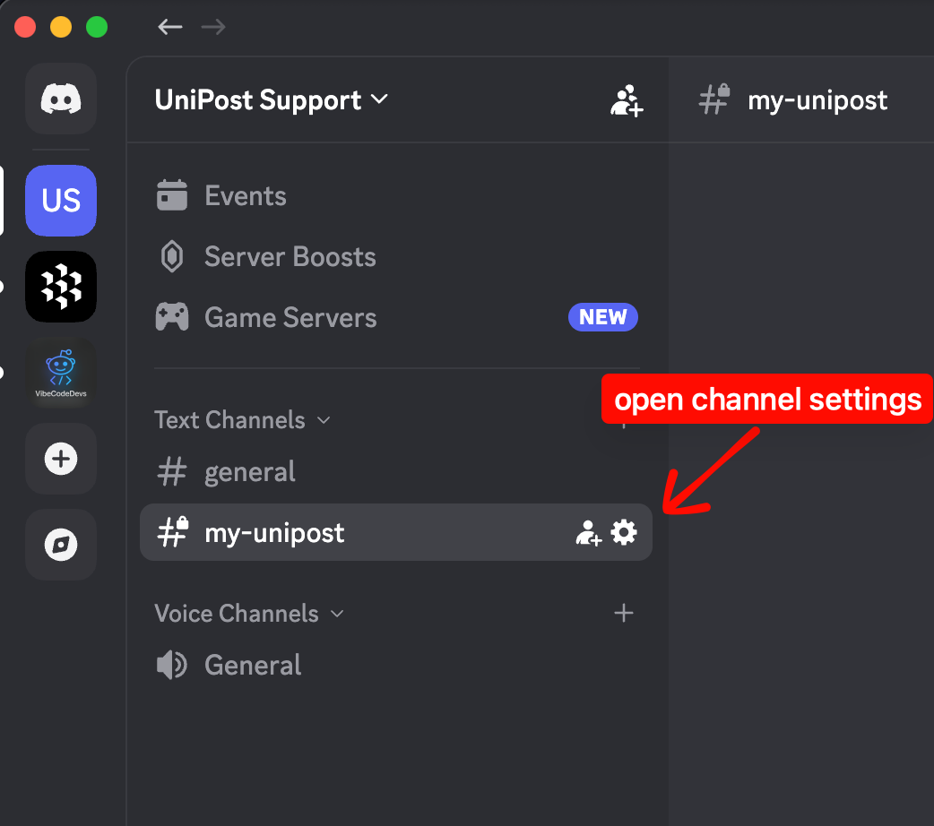 Discord channel list with the channel settings gear icon highlighted for the target channel.