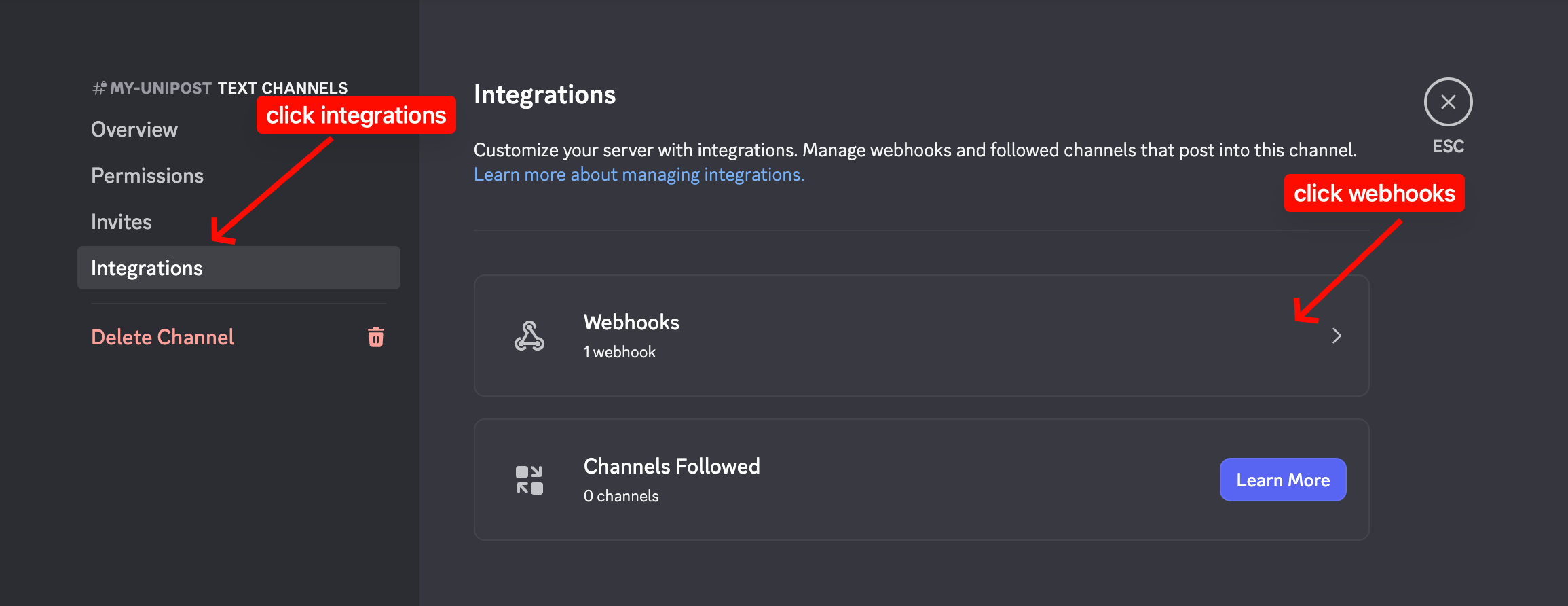 Discord channel settings page with Integrations selected and Webhooks visible.