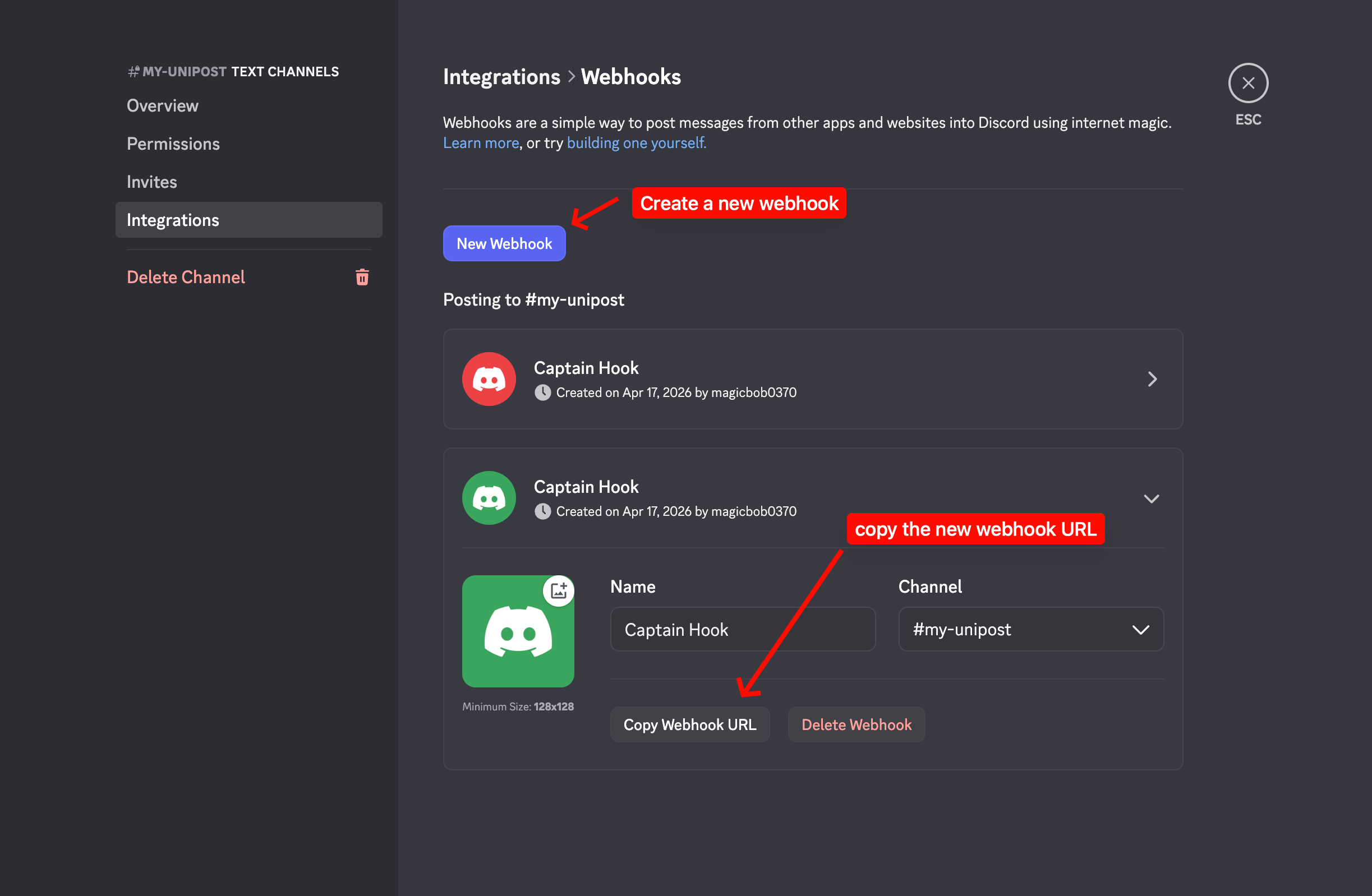 Discord webhook details screen with the Copy Webhook URL button visible.