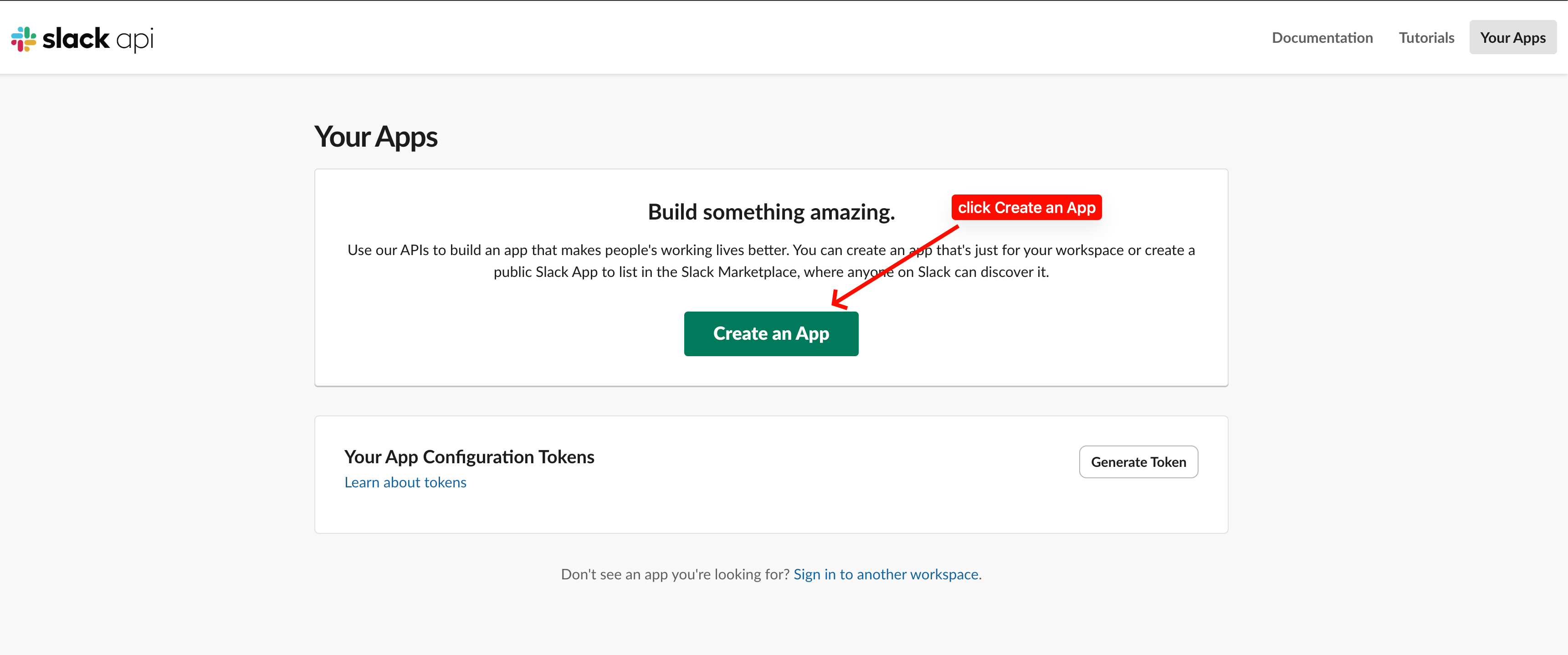Slack API Your Apps page with the Create an App button highlighted.