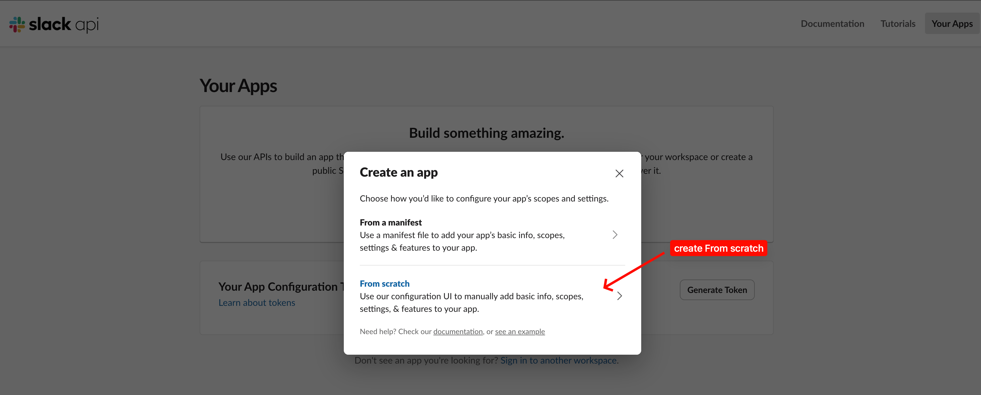 Slack create app dialog with From scratch highlighted.