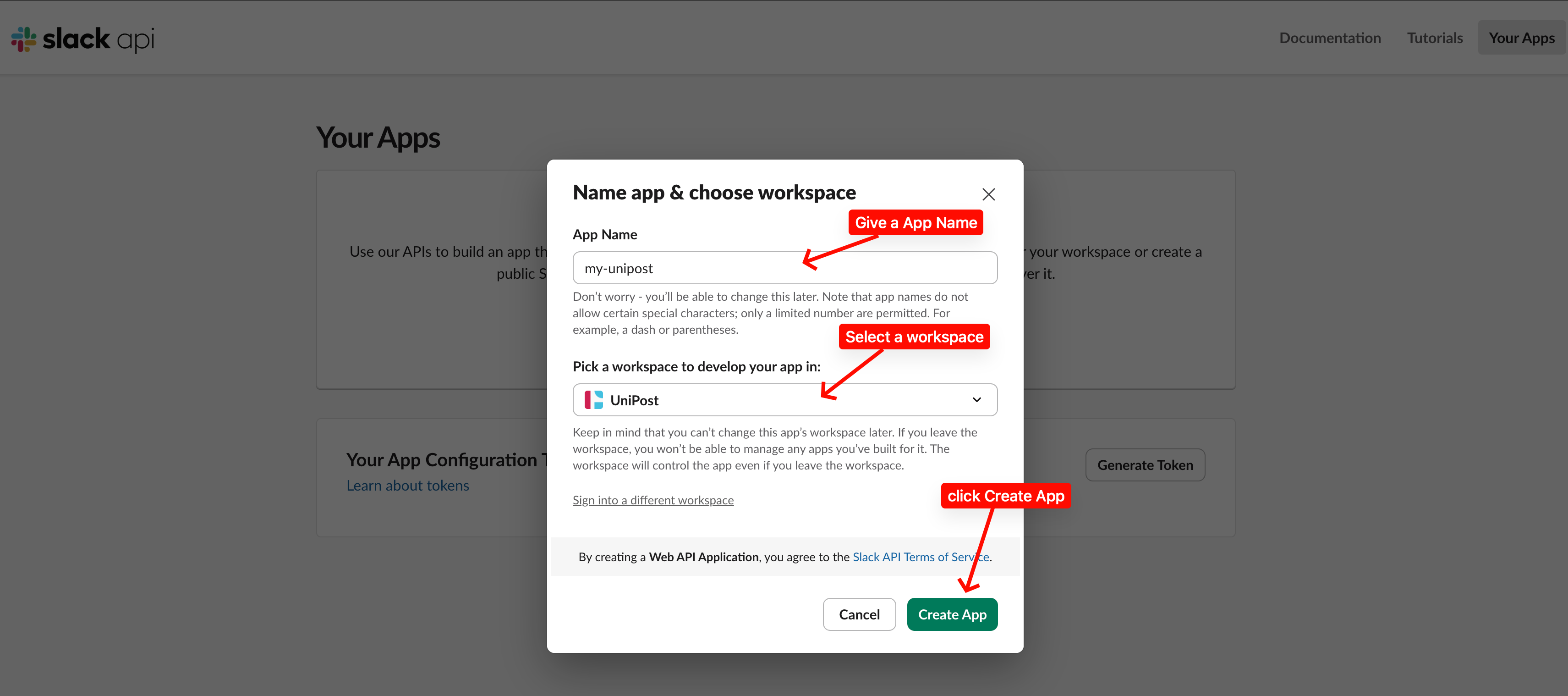 Slack dialog for naming the app and choosing a workspace.