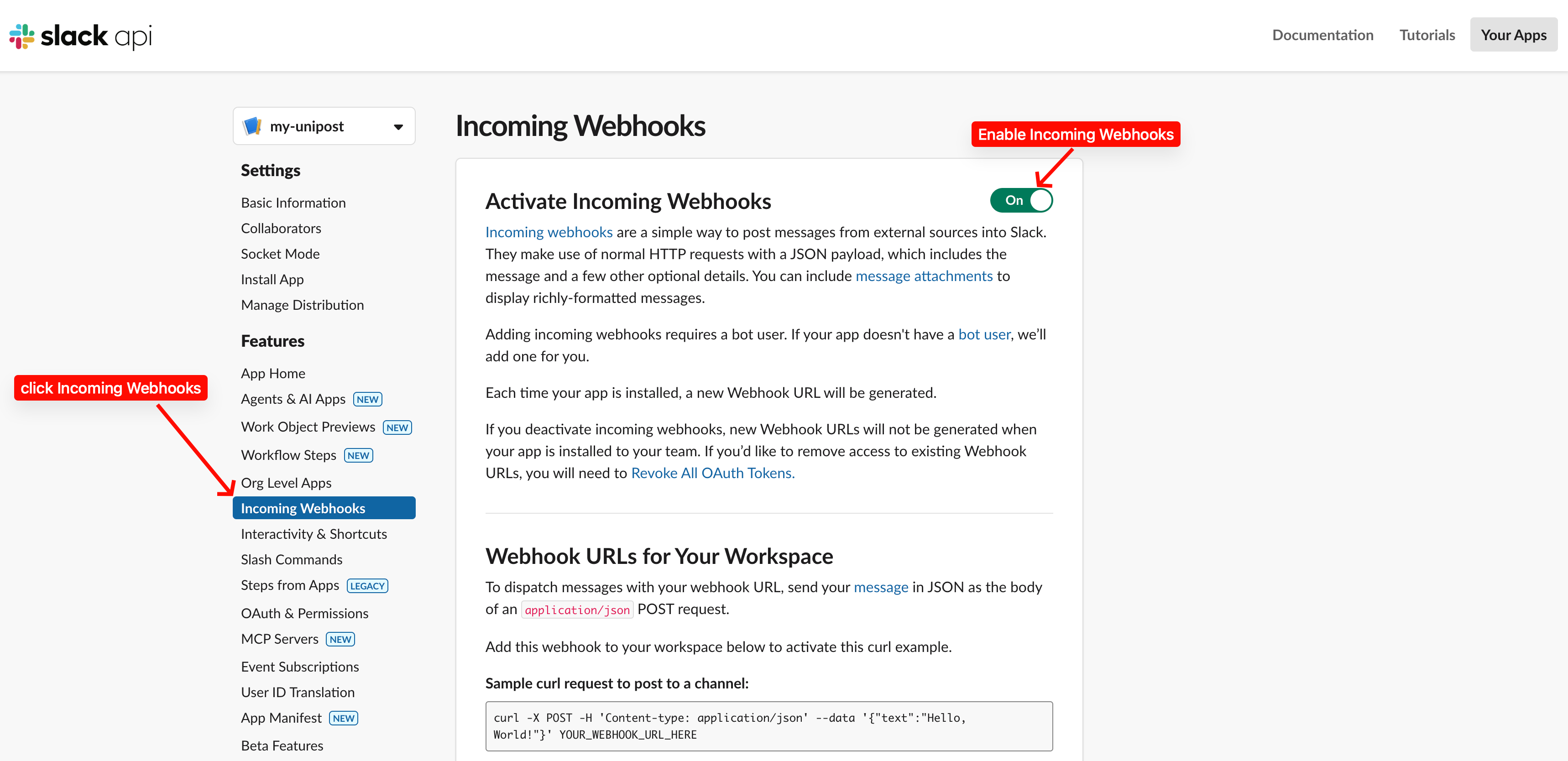 Slack app Incoming Webhooks settings page with the toggle enabled.