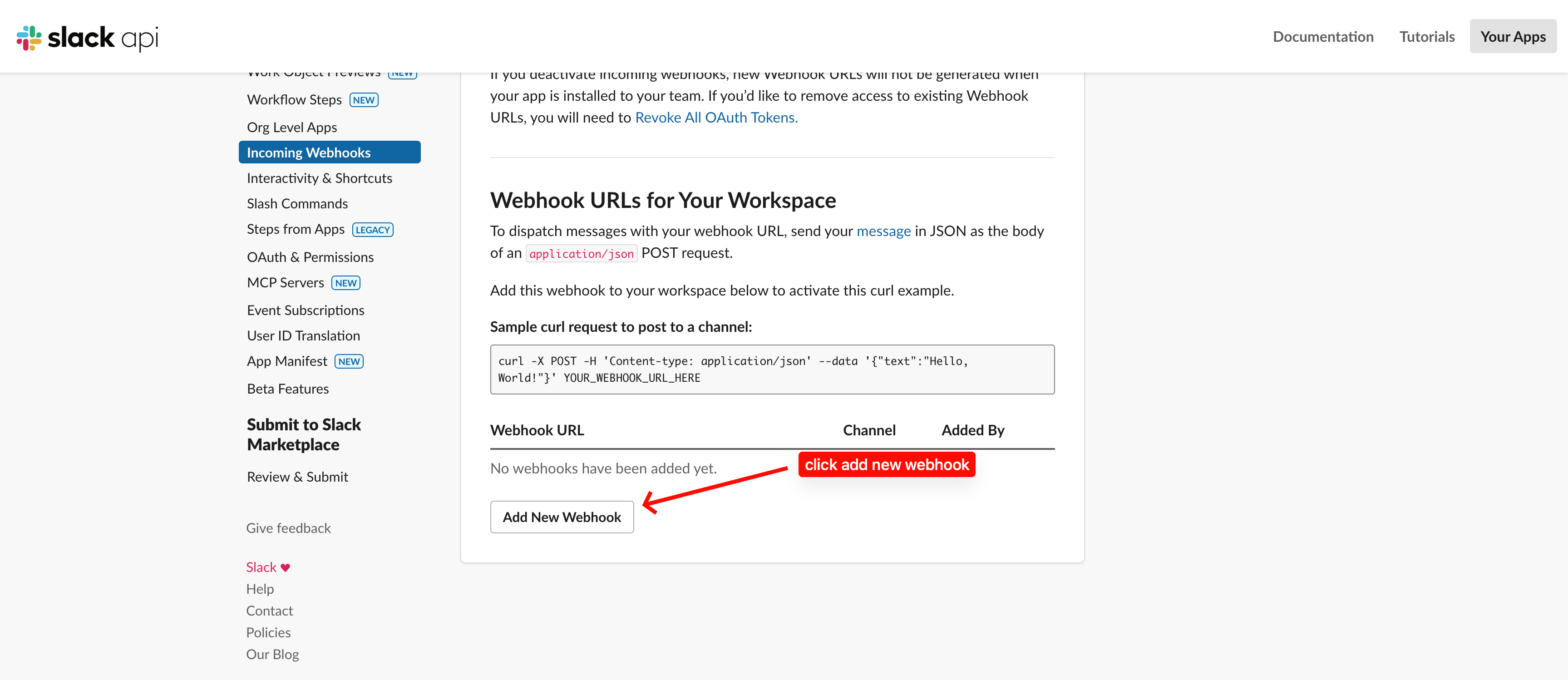 Slack Incoming Webhooks page with the Add New Webhook button highlighted.