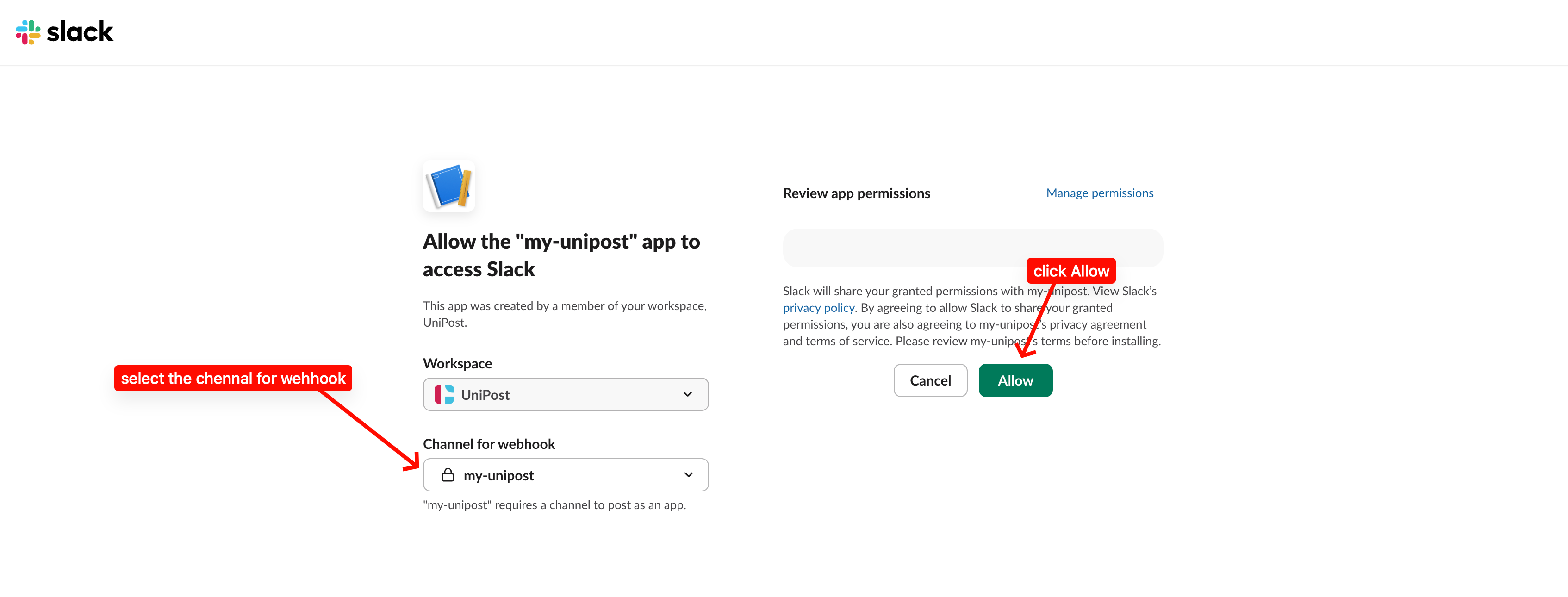 Slack permission screen with channel selection and Allow button highlighted.