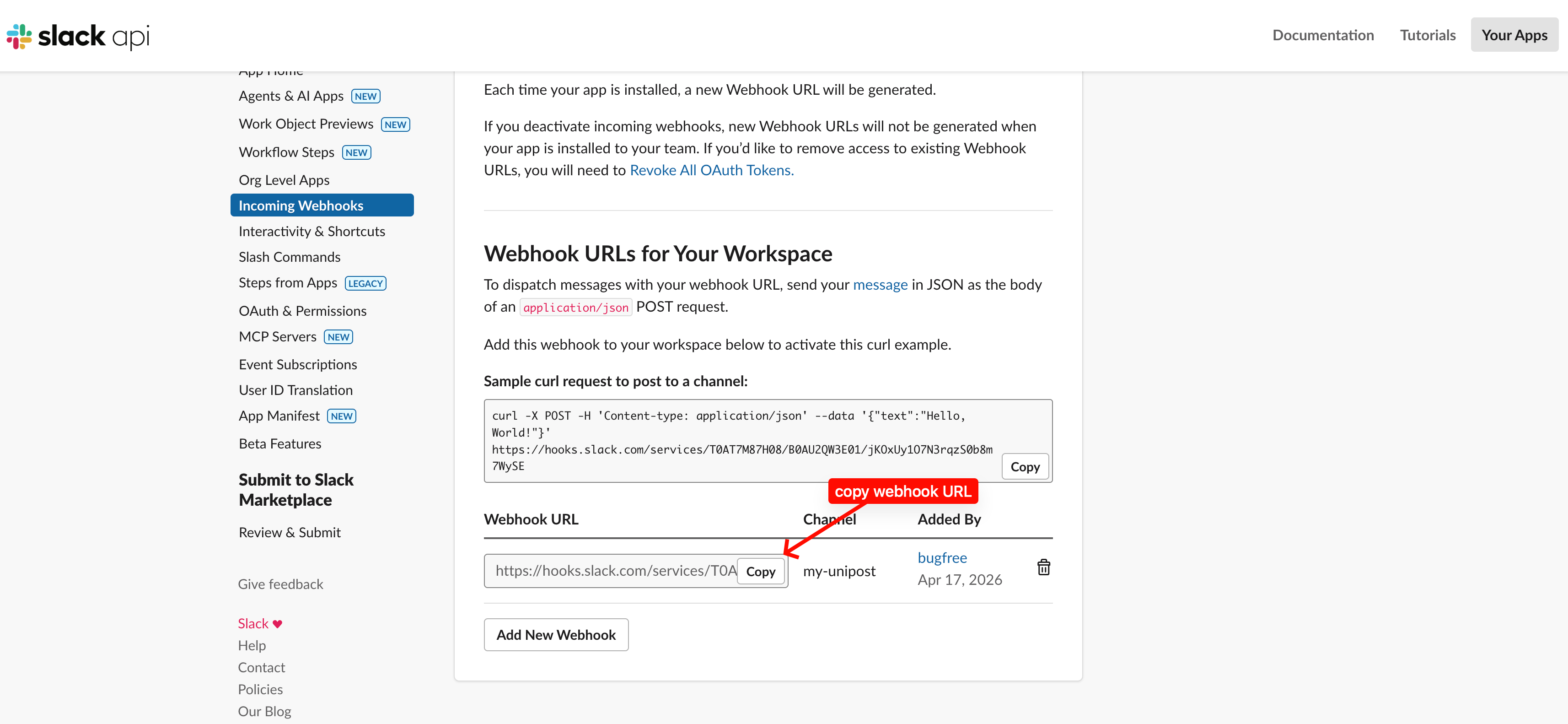 Slack Incoming Webhooks page showing a generated webhook URL and copy button.