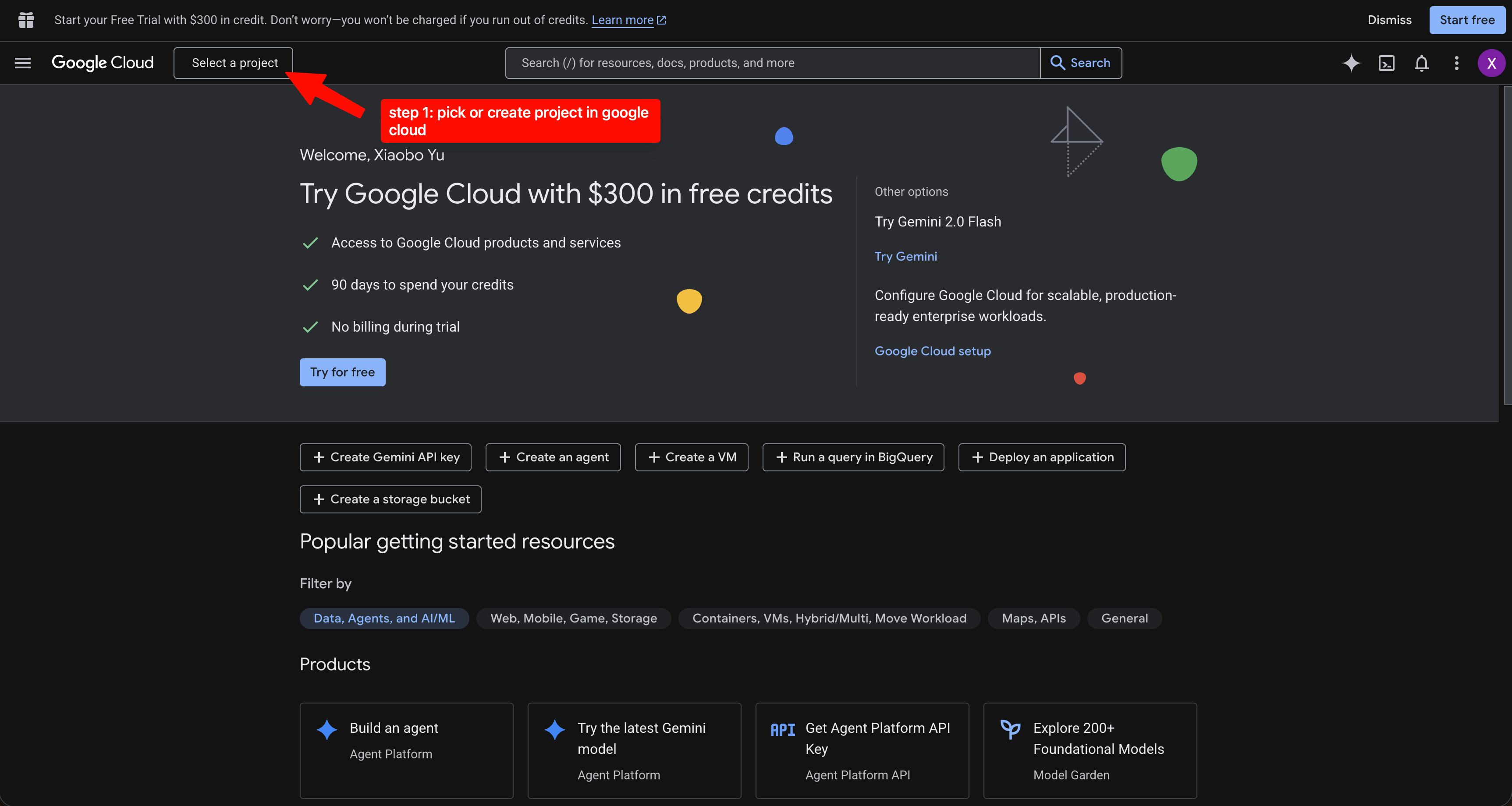 Step 1: pick or create a Google Cloud project