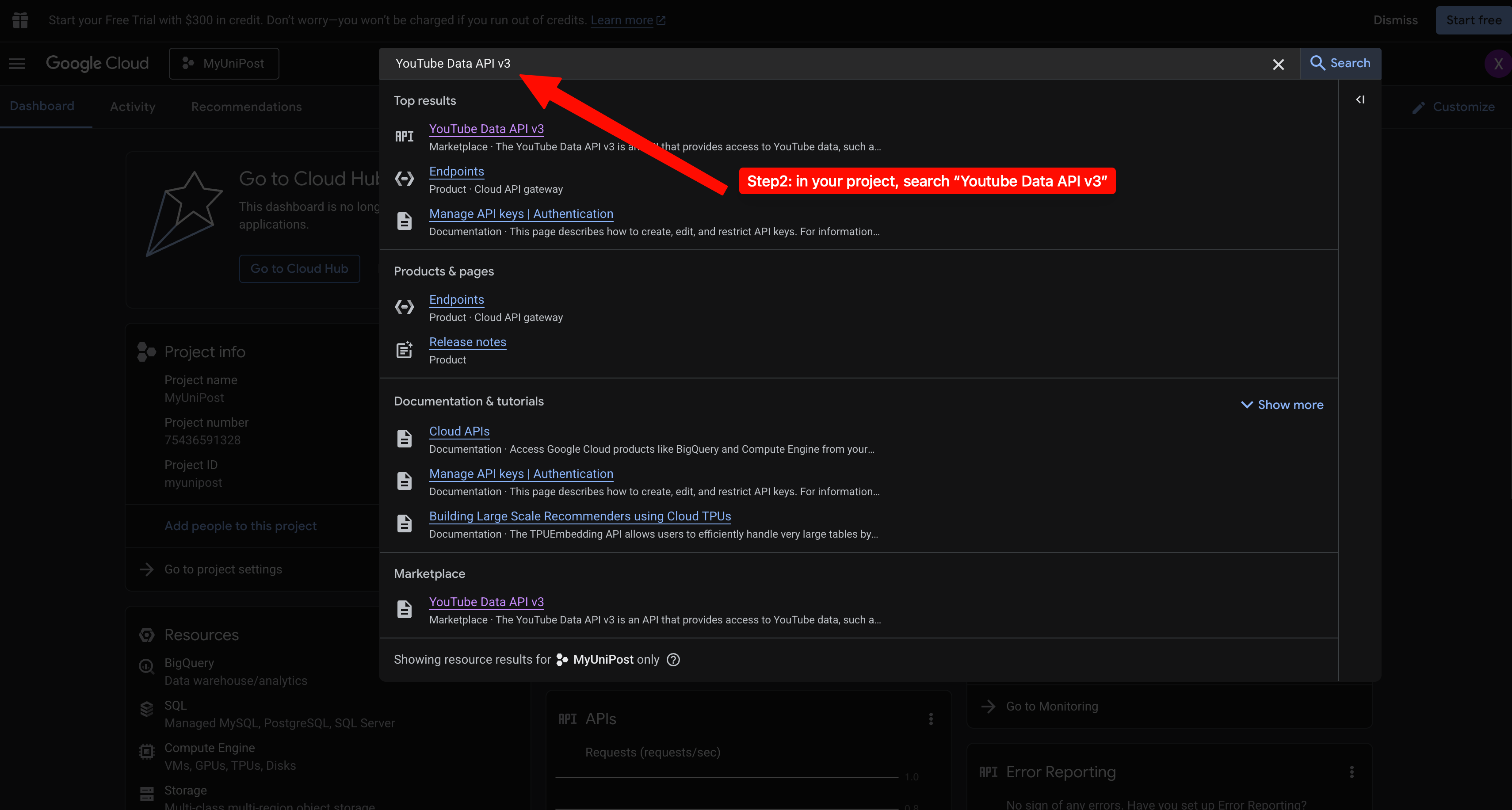 Step 2: search `YouTube Data API v3` and enable it