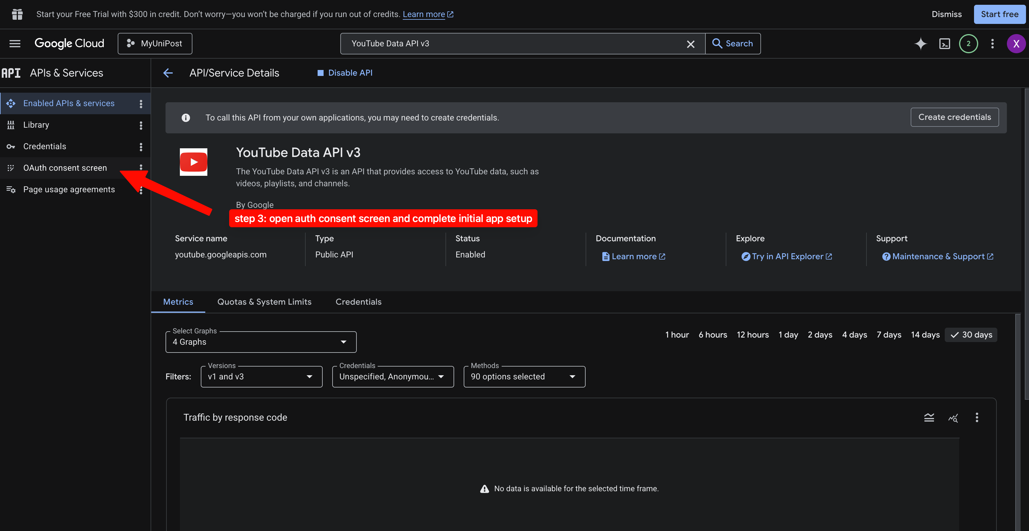 Step 3a: open the OAuth consent screen from APIs & Services