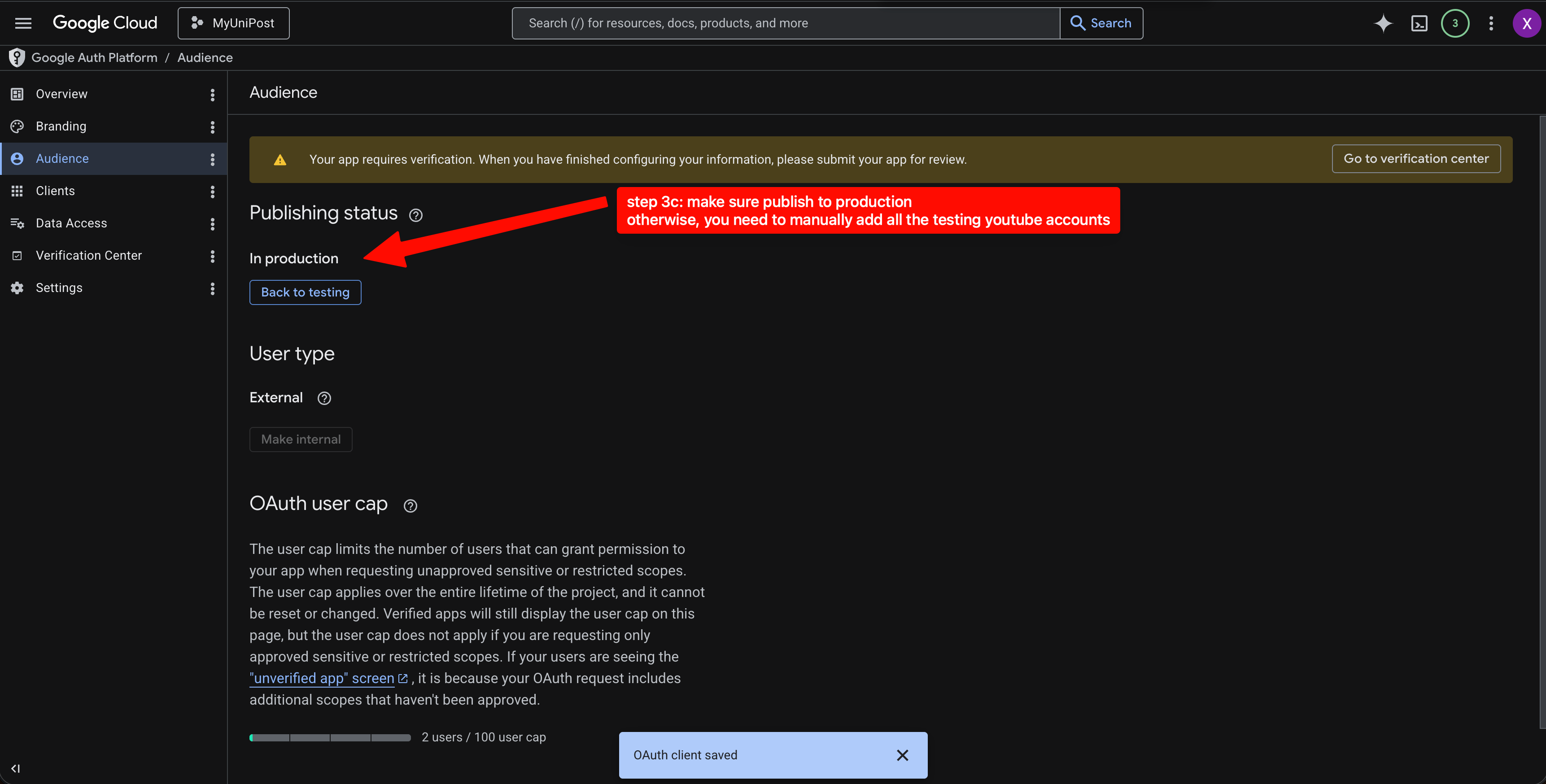 Step 3c: switch Google audience to `Production` so any user can connect