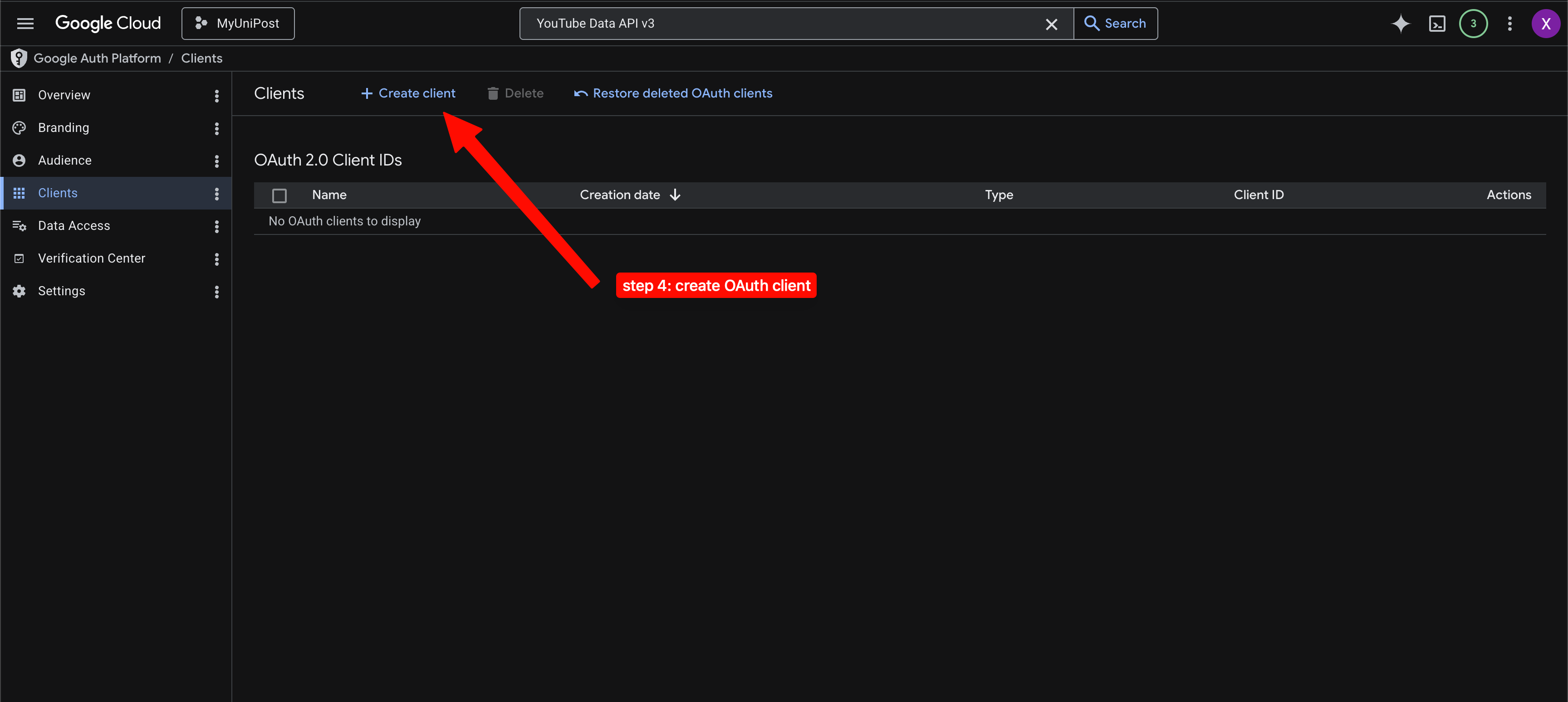 Step 4: go to Clients and click `Create client`