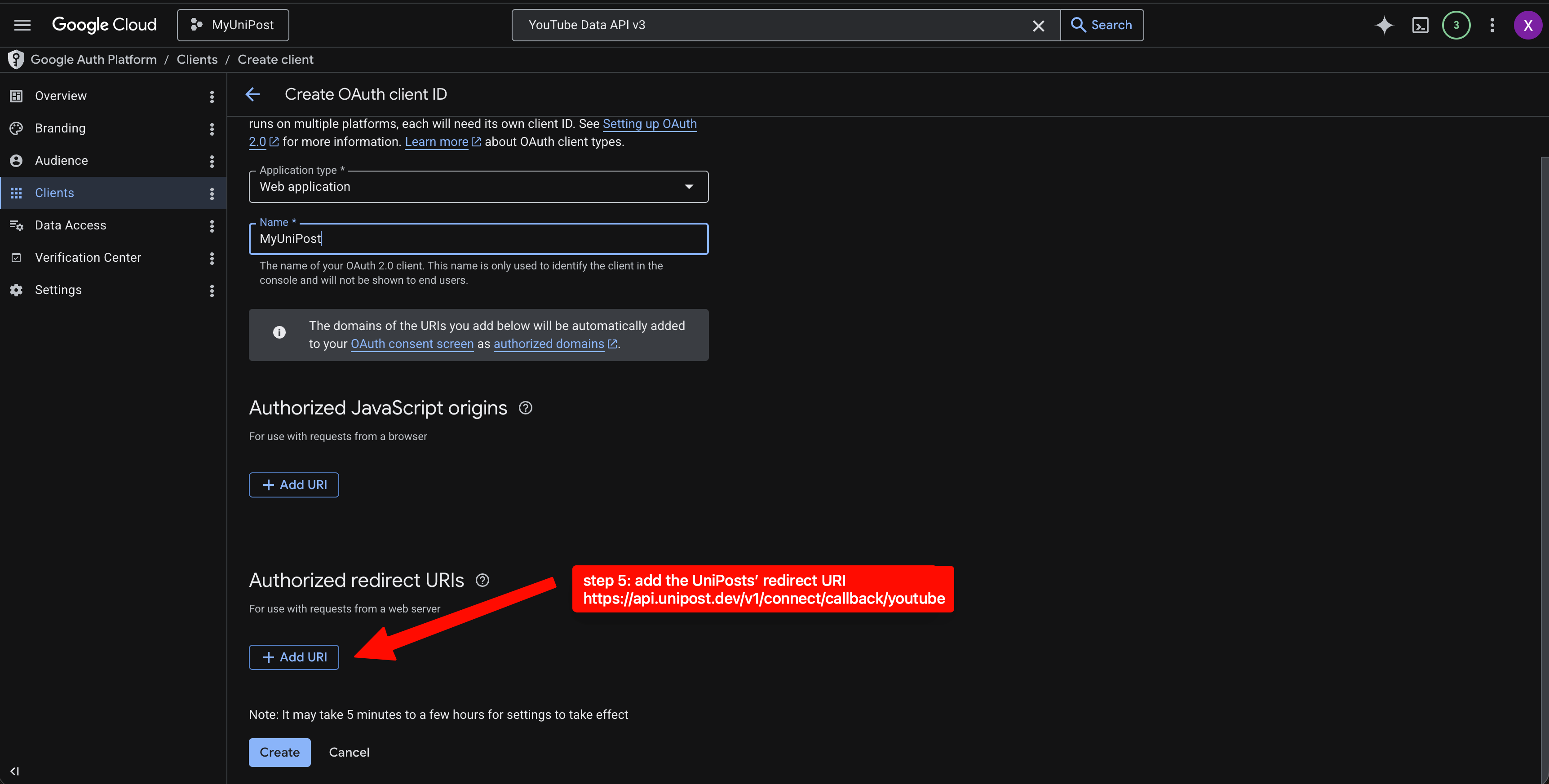 Step 5: choose `Web application` and add both UniPost redirect URIs