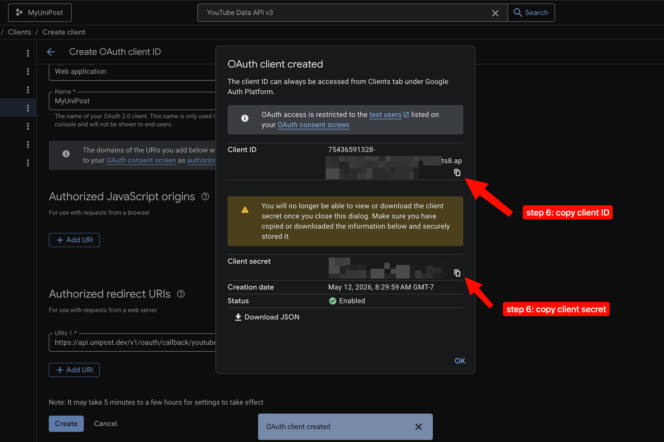 Step 6: copy the Google `Client ID` and `Client Secret`